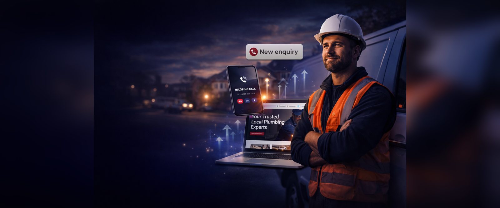 UK tradesperson beside a work van with subtle enquiry notifications